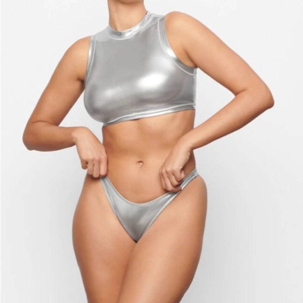SKIMS Metallic Swim Mock Neck Tank Nickel Plus Size 4X